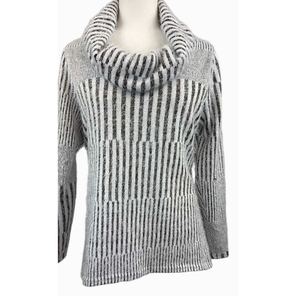 Chances R Women's Cowl Neck Striped Fuzzy Sweater Gray Black Large